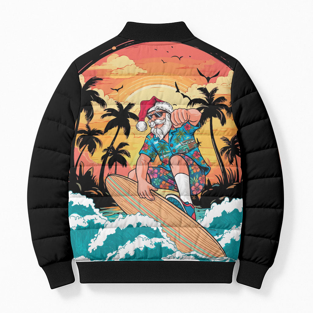 Vintage Santa Claus Surfing Summer Bomber Puffer Jacket Mele Kalikimaka i Iulai!