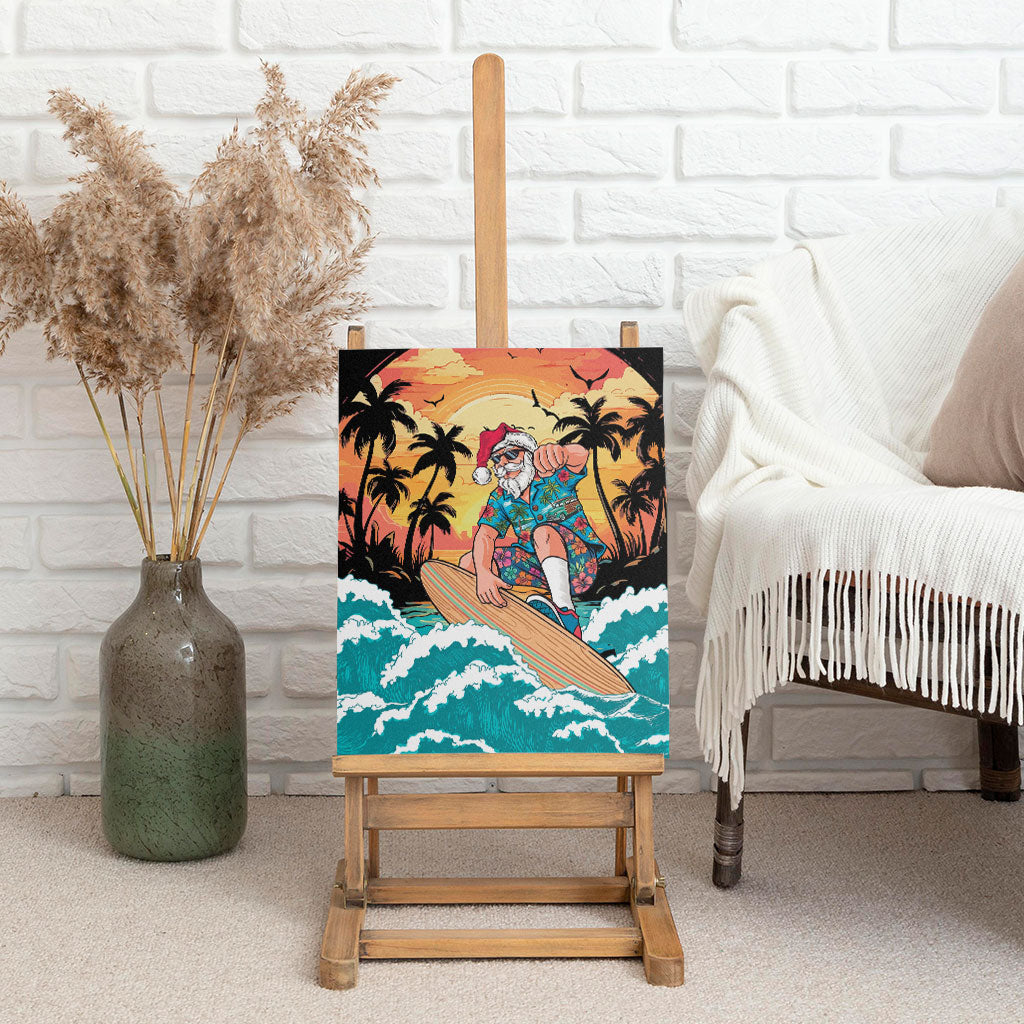 Vintage Santa Claus Surfing Summer Canvas Wall Art Mele Kalikimaka i Iulai!