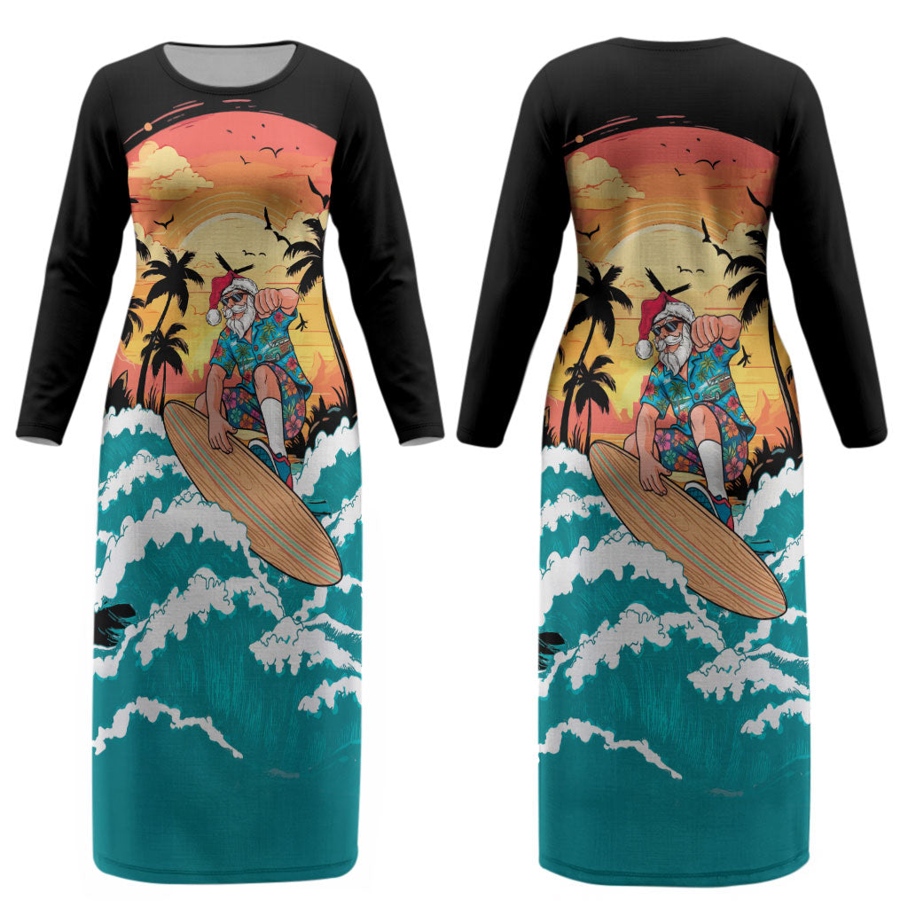 Vintage Santa Claus Surfing Summer Couples Matching Long Sleeve Bodycon Dress and Long Sleeve Button Shirt Mele Kalikimaka i Iulai! LT9 - Polynesian Pride