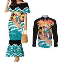 Vintage Santa Claus Surfing Summer Couples Matching Mermaid Dress and Long Sleeve Button Shirt Mele Kalikimaka i Iulai!