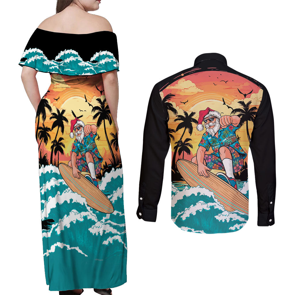 Vintage Santa Claus Surfing Summer Couples Matching Off Shoulder Maxi Dress and Long Sleeve Button Shirt Mele Kalikimaka i Iulai!