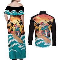 Vintage Santa Claus Surfing Summer Couples Matching Off Shoulder Maxi Dress and Long Sleeve Button Shirt Mele Kalikimaka i Iulai!