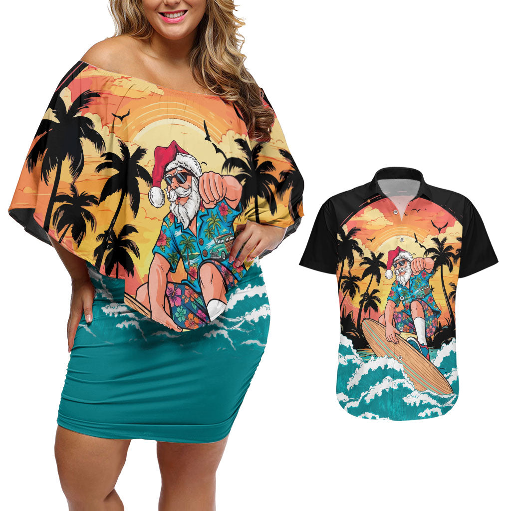 Vintage Santa Claus Surfing Summer Couples Matching Off Shoulder Short Dress and Hawaiian Shirt Mele Kalikimaka i Iulai! LT9 Black - Polynesian Pride