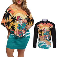 Vintage Santa Claus Surfing Summer Couples Matching Off Shoulder Short Dress and Long Sleeve Button Shirt Mele Kalikimaka i Iulai!