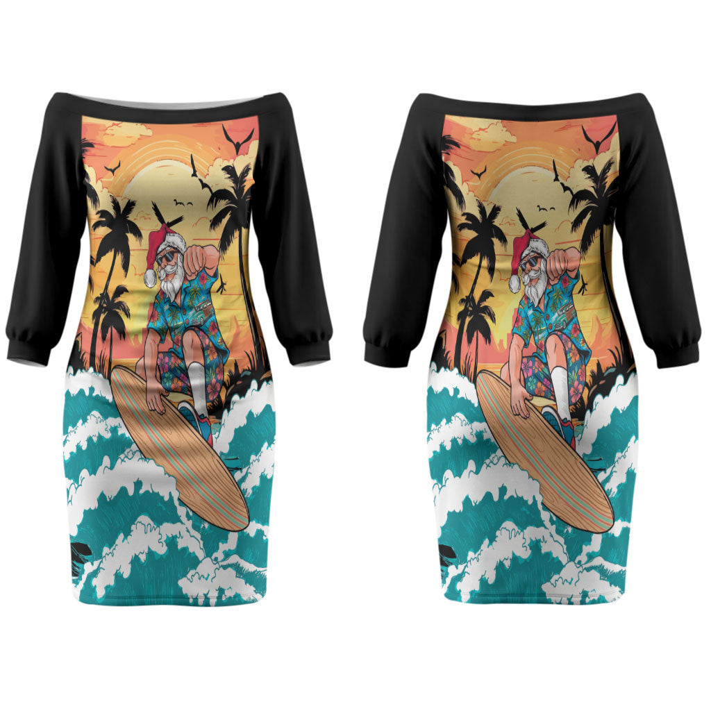 Vintage Santa Claus Surfing Summer Couples Matching Off The Shoulder Long Sleeve Dress and Long Sleeve Button Shirt Mele Kalikimaka i Iulai! LT9 - Polynesian Pride