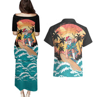 Vintage Santa Claus Surfing Summer Couples Matching Puletasi and Hawaiian Shirt Mele Kalikimaka i Iulai!