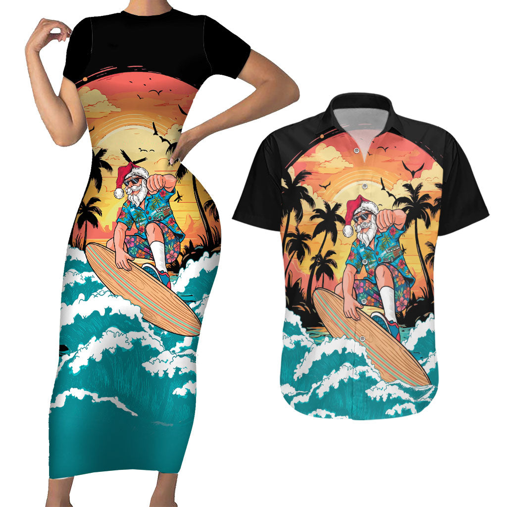 Vintage Santa Claus Surfing Summer Couples Matching Short Sleeve Bodycon Dress and Hawaiian Shirt Mele Kalikimaka i Iulai! LT9 Black - Polynesian Pride