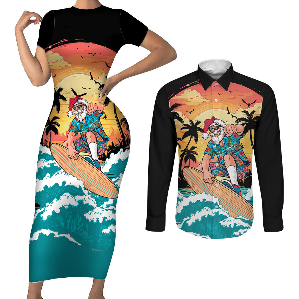 Vintage Santa Claus Surfing Summer Couples Matching Short Sleeve Bodycon Dress and Long Sleeve Button Shirt Mele Kalikimaka i Iulai!
