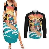 Vintage Santa Claus Surfing Summer Couples Matching Summer Maxi Dress and Long Sleeve Button Shirt Mele Kalikimaka i Iulai!