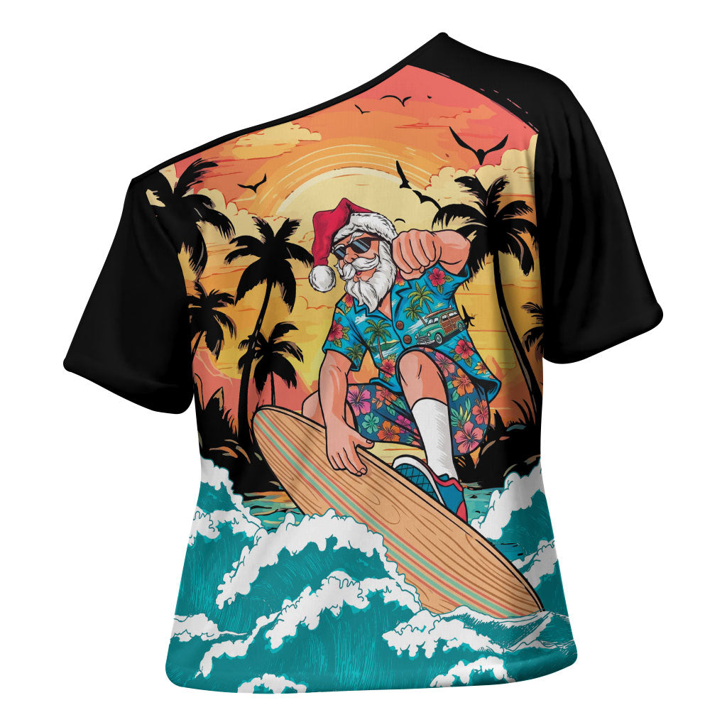 Vintage Santa Claus Surfing Summer Cross Shoulder Shirt Mele Kalikimaka i Iulai!