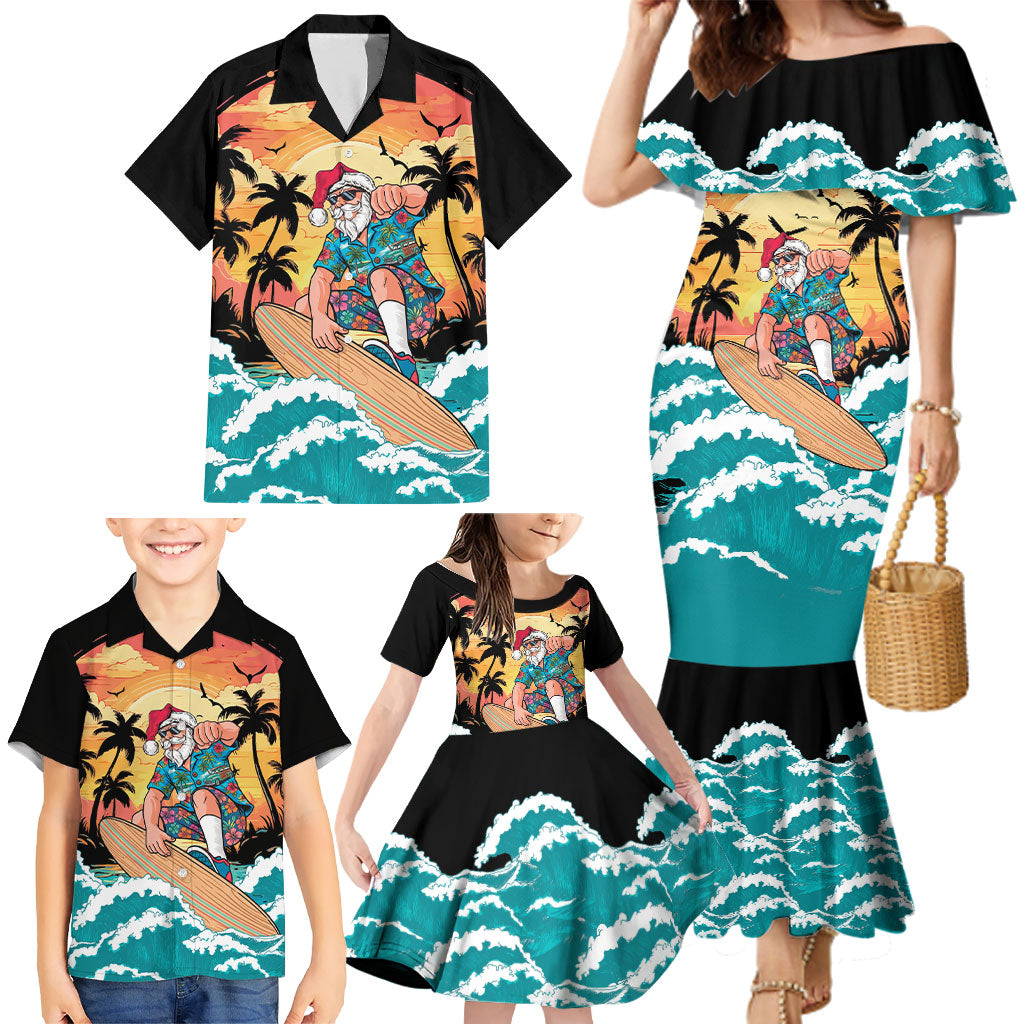 Vintage Santa Claus Surfing Summer Family Matching Mermaid Dress and Hawaiian Shirt Mele Kalikimaka i Iulai!