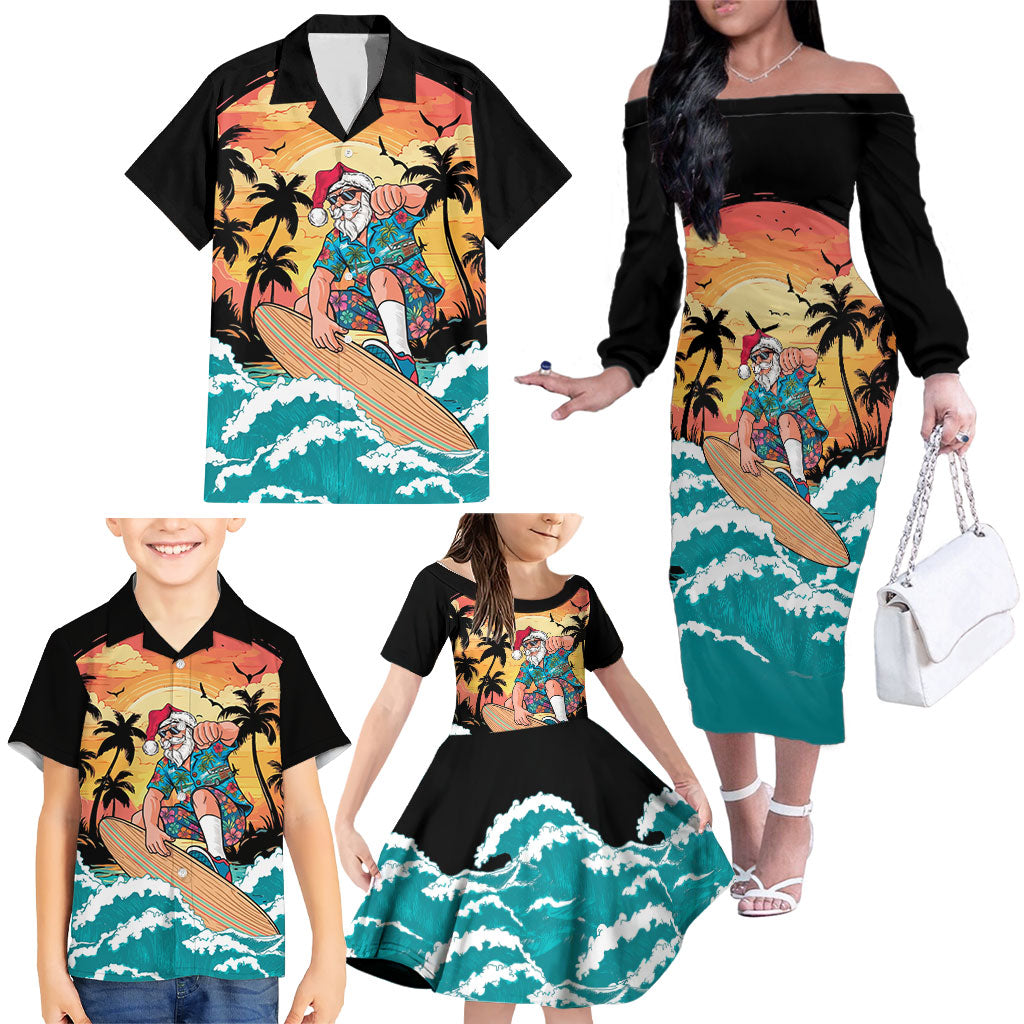 Vintage Santa Claus Surfing Summer Family Matching Off The Shoulder Long Sleeve Dress and Hawaiian Shirt Mele Kalikimaka i Iulai!