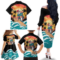Vintage Santa Claus Surfing Summer Family Matching Off The Shoulder Long Sleeve Dress and Hawaiian Shirt Mele Kalikimaka i Iulai!