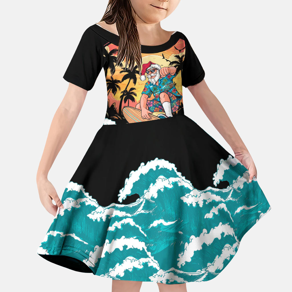 Vintage Santa Claus Surfing Summer Family Matching Off Shoulder Maxi Dress and Hawaiian Shirt Mele Kalikimaka i Iulai!