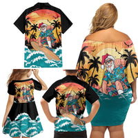 Vintage Santa Claus Surfing Summer Family Matching Off Shoulder Short Dress and Hawaiian Shirt Mele Kalikimaka i Iulai!