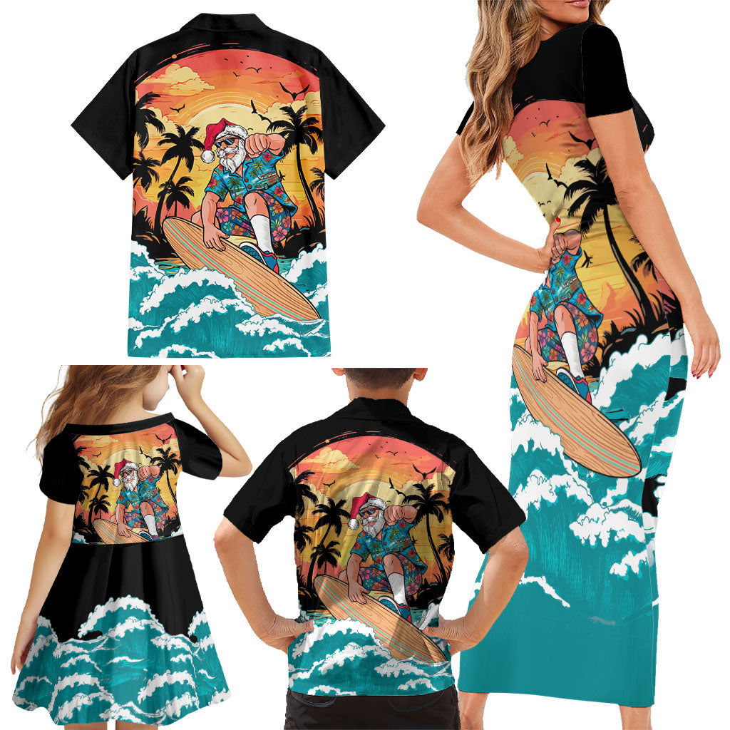 Vintage Santa Claus Surfing Summer Family Matching Short Sleeve Bodycon Dress and Hawaiian Shirt Mele Kalikimaka i Iulai!