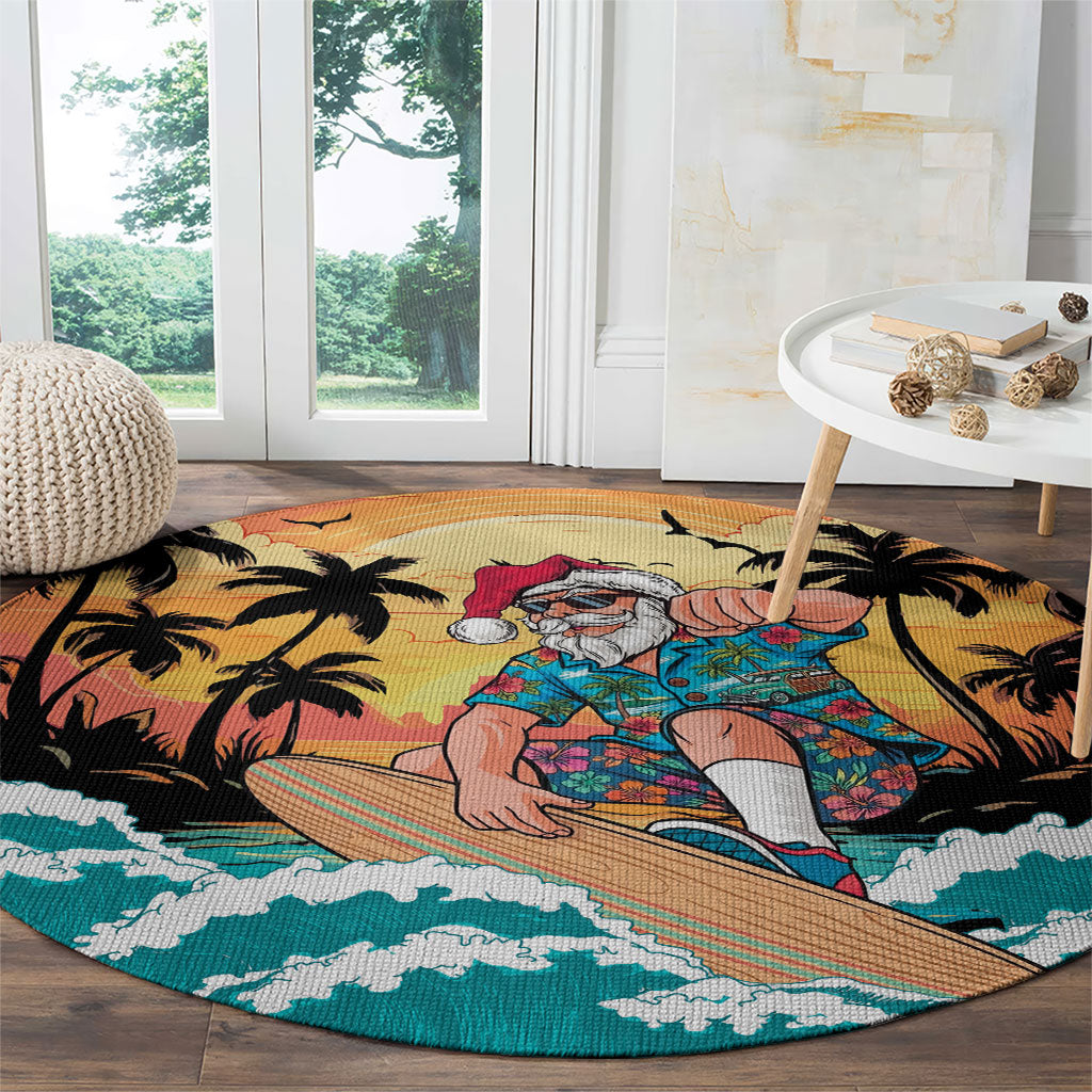 Vintage Santa Claus Surfing Summer Round Carpet Mele Kalikimaka i Iulai!