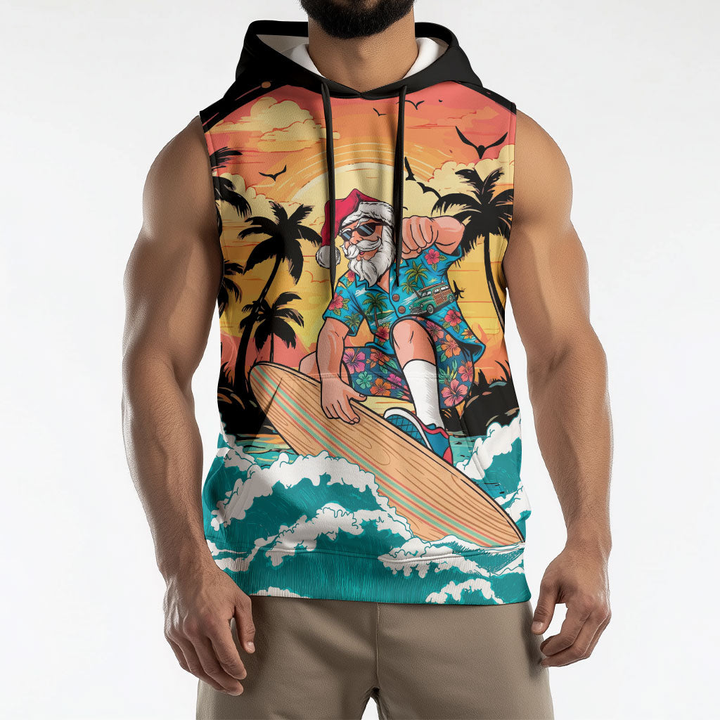 Vintage Santa Claus Surfing Summer Sleeveless Hoodie Mele Kalikimaka i Iulai!
