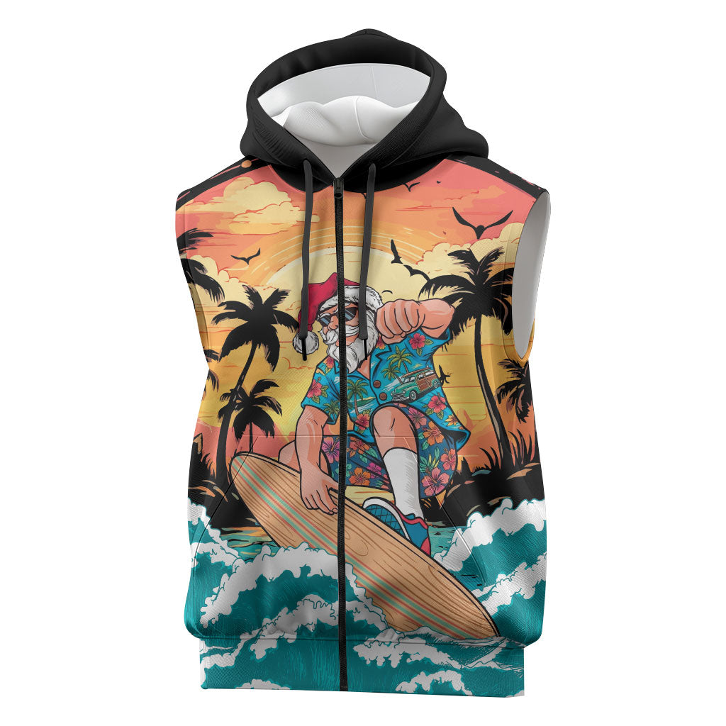 Vintage Santa Claus Surfing Summer Sleeveless Zip Hoodie Mele Kalikimaka i Iulai!