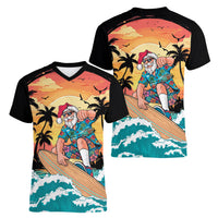 Vintage Santa Claus Surfing Summer Women V-Neck T-Shirt Mele Kalikimaka i Iulai!