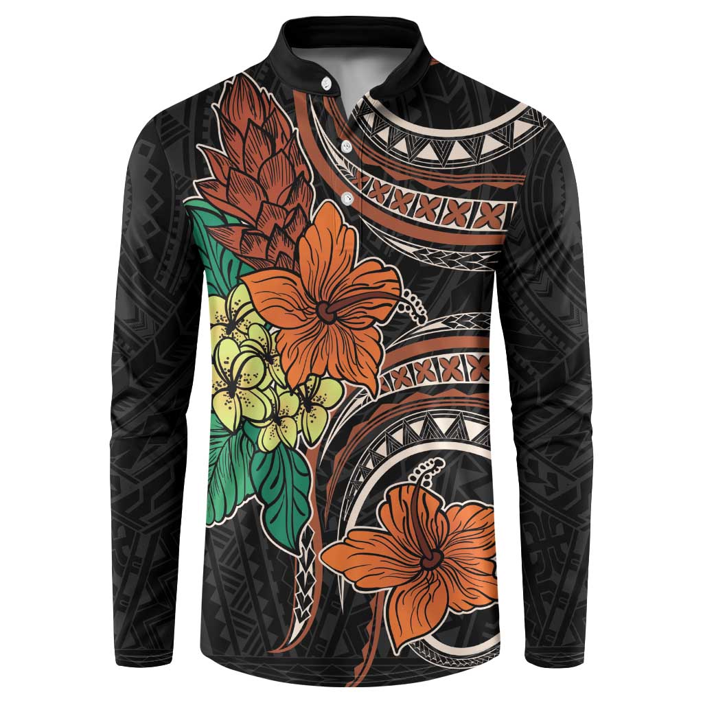 Vintage Hibiscus Pacific Floral Button Sweatshirt LT9 Black - Polynesian Pride