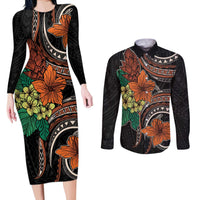 Vintage Hibiscus Pacific Floral Couples Matching Long Sleeve Bodycon Dress and Long Sleeve Button Shirt LT9 Black - Polynesian Pride