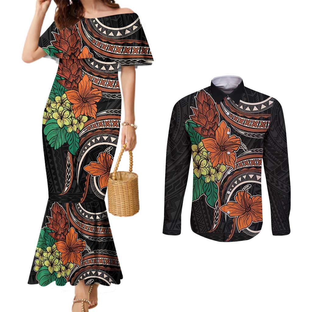 Vintage Hibiscus Pacific Floral Couples Matching Mermaid Dress and Long Sleeve Button Shirt LT9 Black - Polynesian Pride