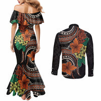 Vintage Hibiscus Pacific Floral Couples Matching Mermaid Dress and Long Sleeve Button Shirt LT9 - Polynesian Pride
