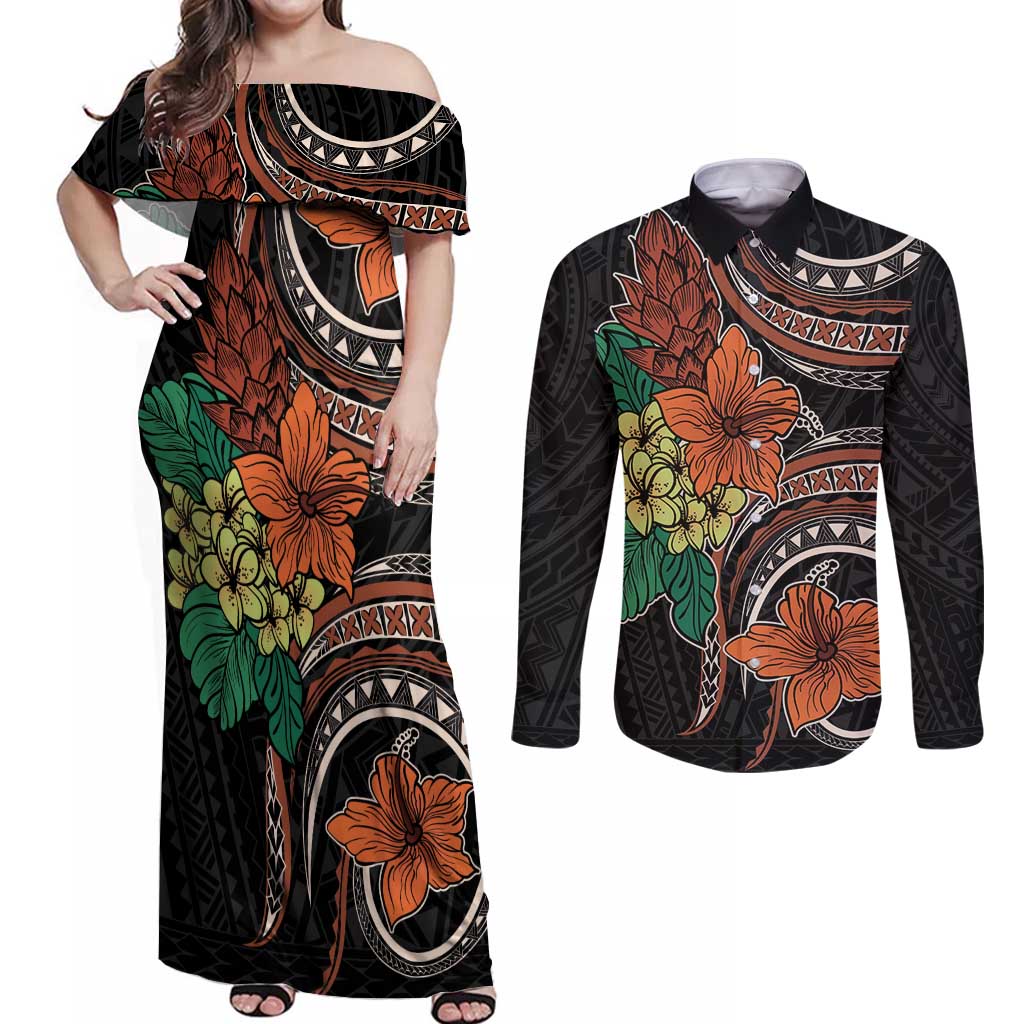 Vintage Hibiscus Pacific Floral Couples Matching Off Shoulder Maxi Dress and Long Sleeve Button Shirt LT9 Black - Polynesian Pride