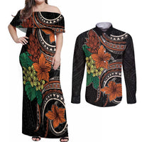 Vintage Hibiscus Pacific Floral Couples Matching Off Shoulder Maxi Dress and Long Sleeve Button Shirt LT9 Black - Polynesian Pride