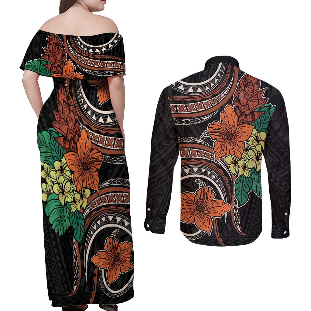 Vintage Hibiscus Pacific Floral Couples Matching Off Shoulder Maxi Dress and Long Sleeve Button Shirt LT9 - Polynesian Pride