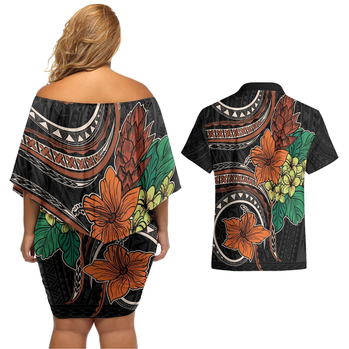 Vintage Hibiscus Pacific Floral Couples Matching Off Shoulder Short Dress and Hawaiian Shirt