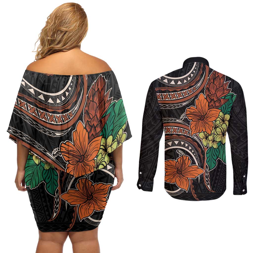 Vintage Hibiscus Pacific Floral Couples Matching Off Shoulder Short Dress and Long Sleeve Button Shirt LT9 - Polynesian Pride