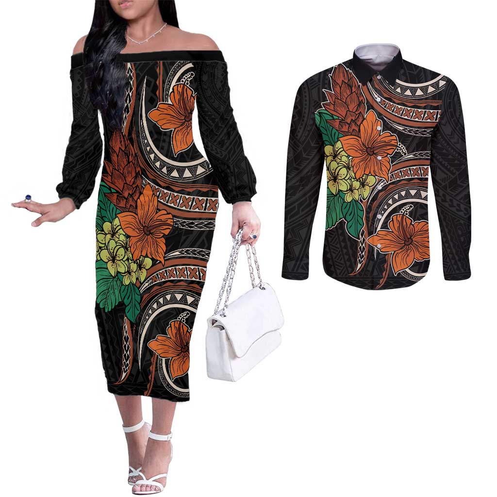 Vintage Hibiscus Pacific Floral Couples Matching Off The Shoulder Long Sleeve Dress and Long Sleeve Button Shirt LT9 Black - Polynesian Pride