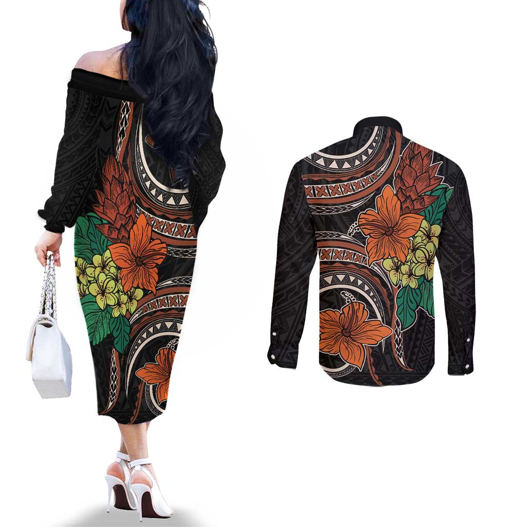 Vintage Hibiscus Pacific Floral Couples Matching Off The Shoulder Long Sleeve Dress and Long Sleeve Button Shirt LT9 - Polynesian Pride