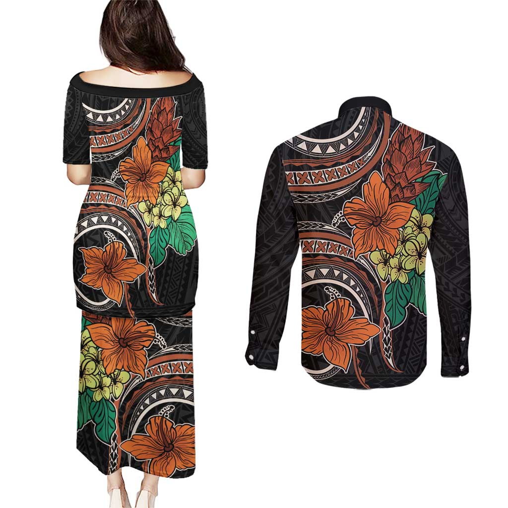 Vintage Hibiscus Pacific Floral Couples Matching Puletasi and Long Sleeve Button Shirt LT9 - Polynesian Pride