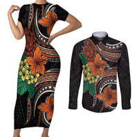 Vintage Hibiscus Pacific Floral Couples Matching Short Sleeve Bodycon Dress and Long Sleeve Button Shirt LT9 Black - Polynesian Pride