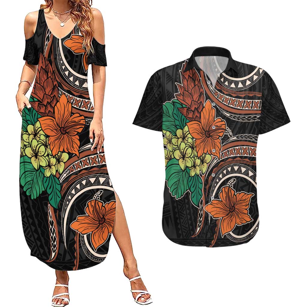 Vintage Hibiscus Pacific Floral Couples Matching Summer Maxi Dress and Hawaiian Shirt