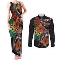 Vintage Hibiscus Pacific Floral Couples Matching Tank Maxi Dress and Long Sleeve Button Shirt LT9 Black - Polynesian Pride