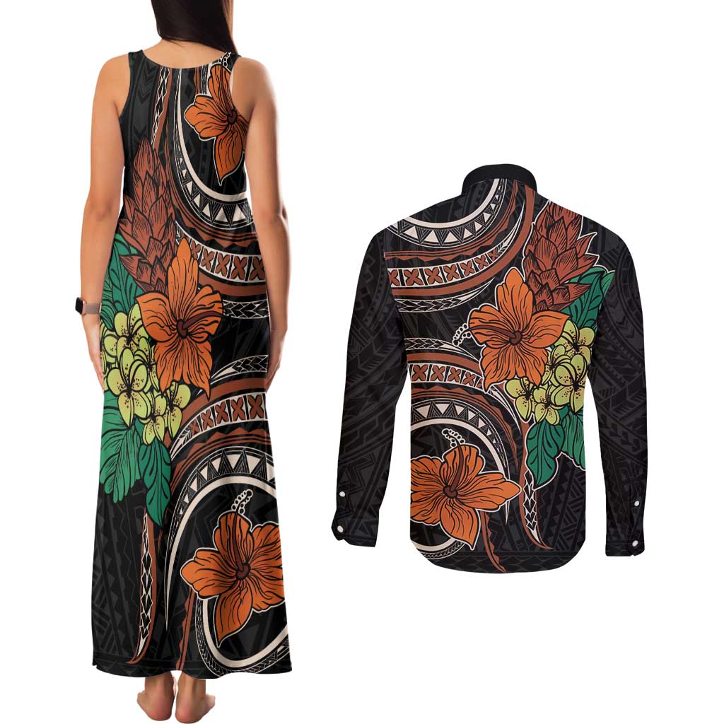 Vintage Hibiscus Pacific Floral Couples Matching Tank Maxi Dress and Long Sleeve Button Shirt LT9 - Polynesian Pride