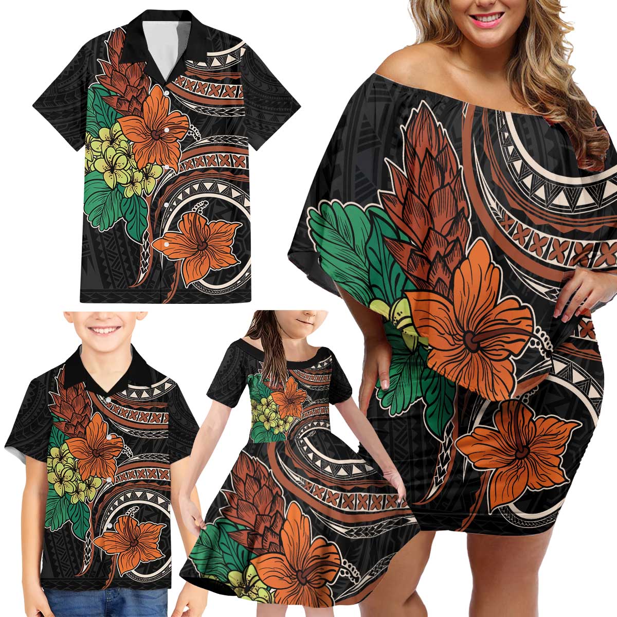 Vintage Hibiscus Pacific Floral Family Matching Off Shoulder Short Dress and Hawaiian Shirt