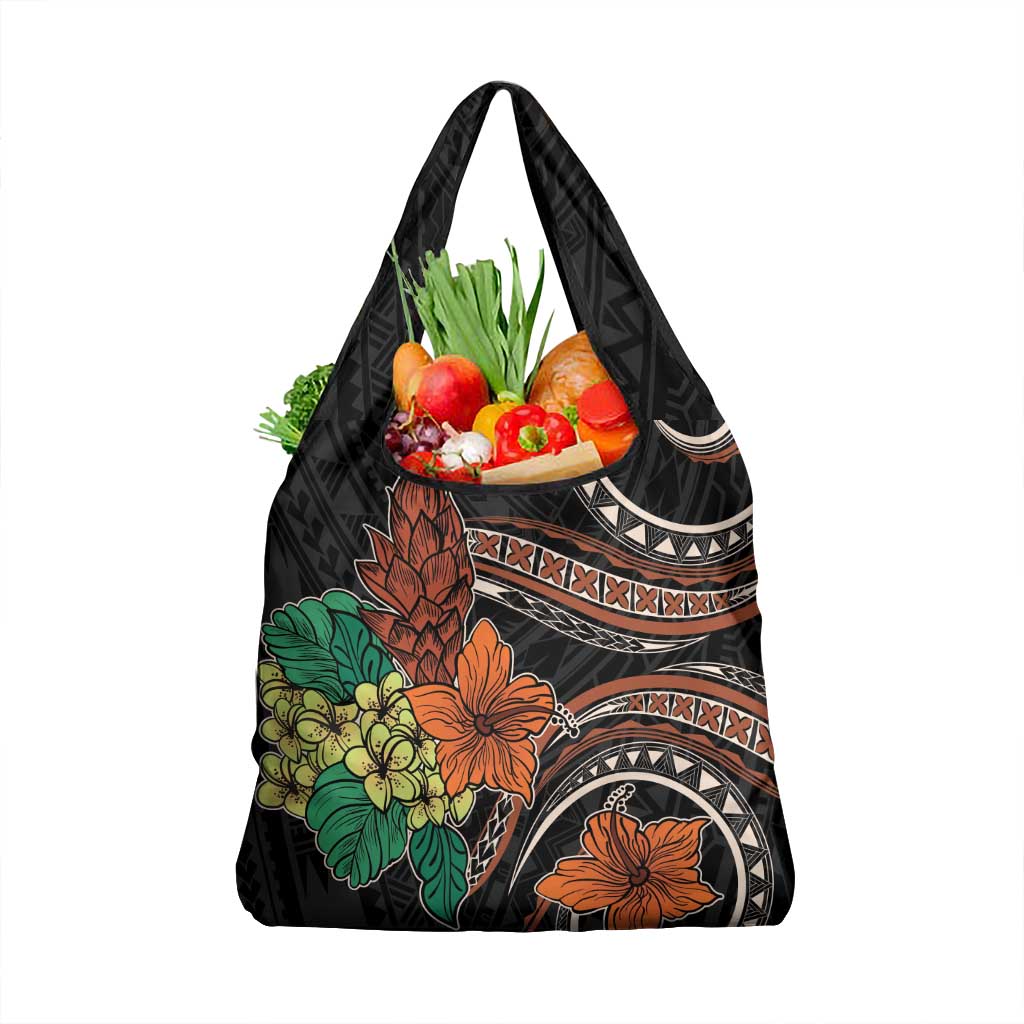 Vintage Hibiscus Pacific Floral Grocery Bag LT9 1-pack One Size Black - Polynesian Pride