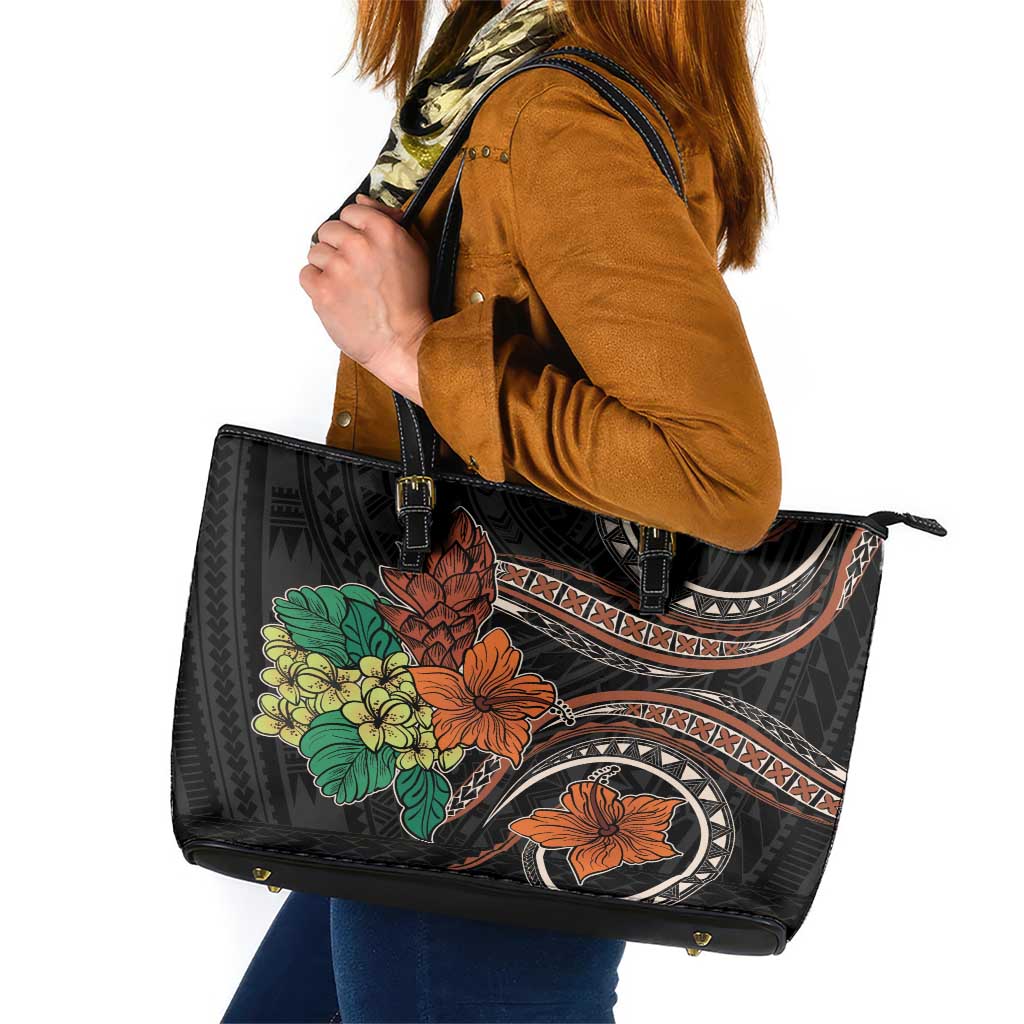 Vintage Hibiscus Pacific Floral Leather Tote Bag LT9 Black - Polynesian Pride