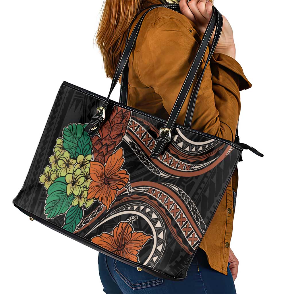 Vintage Hibiscus Pacific Floral Leather Tote Bag LT9 - Polynesian Pride
