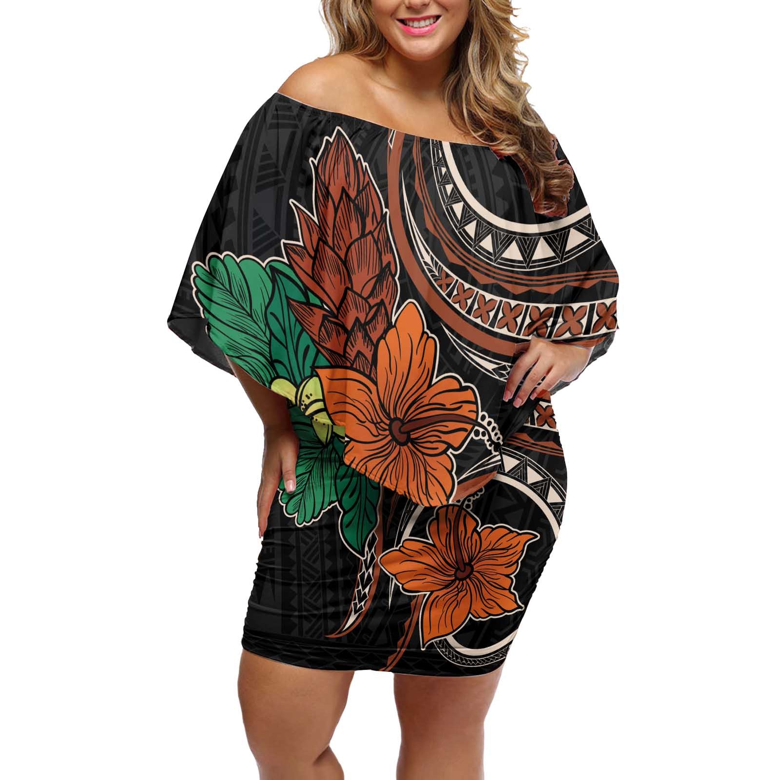 Vintage Hibiscus Pacific Floral Off Shoulder Short Dress LT9 Women Black - Polynesian Pride