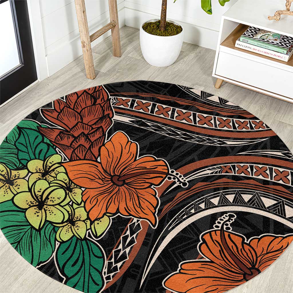 Vintage Hibiscus Pacific Floral Round Carpet