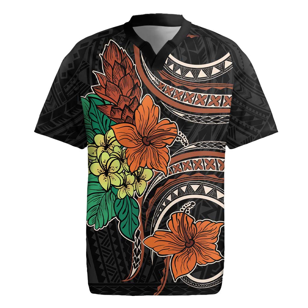 Vintage Hibiscus Pacific Floral Rugby Jersey LT9 Black - Polynesian Pride