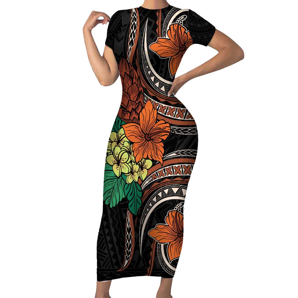 Vintage Hibiscus Pacific Floral Short Sleeve Bodycon Dress
