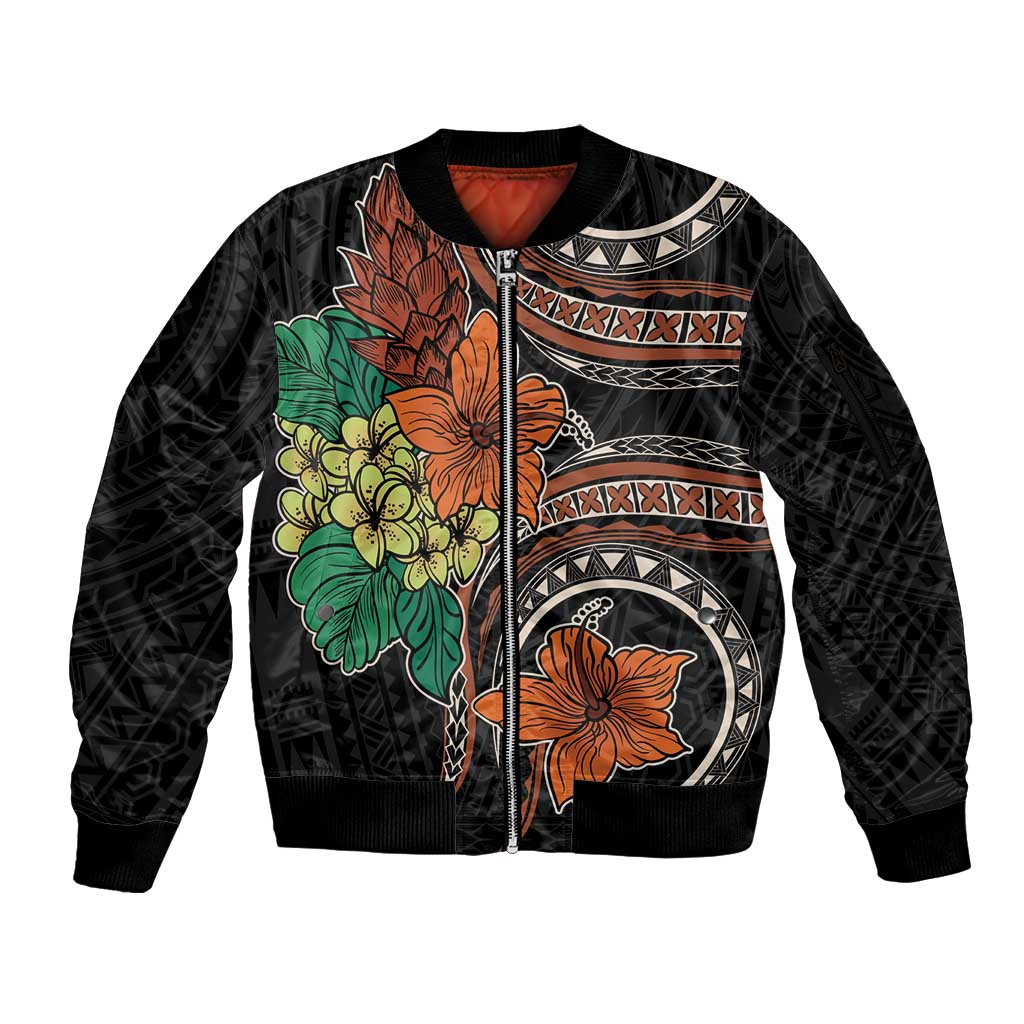 Vintage Hibiscus Pacific Floral Sleeve Zip Bomber Jacket
