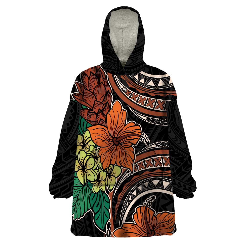 Vintage Hibiscus Pacific Floral Wearable Blanket Hoodie LT9 One Size Black - Polynesian Pride